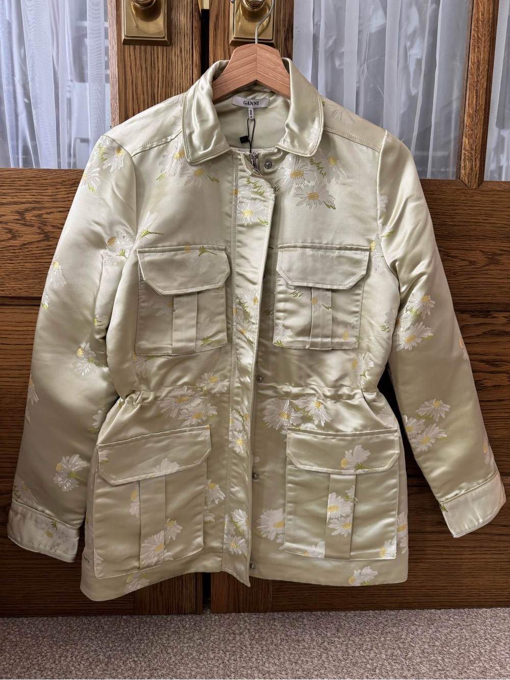 GANNI Senna Satin Jacquard Utility Jacket with Floral Pattern